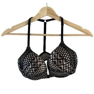 Victoria's Secret Bombshell Plunge Bra 32C Black Fishnet Front Close T-Back